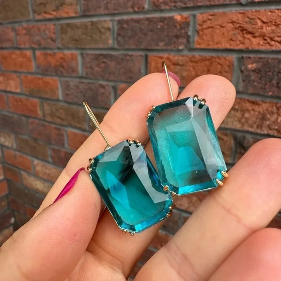 Aquamarine Crystal Gold Hook Earrings - Picture 6 of 9